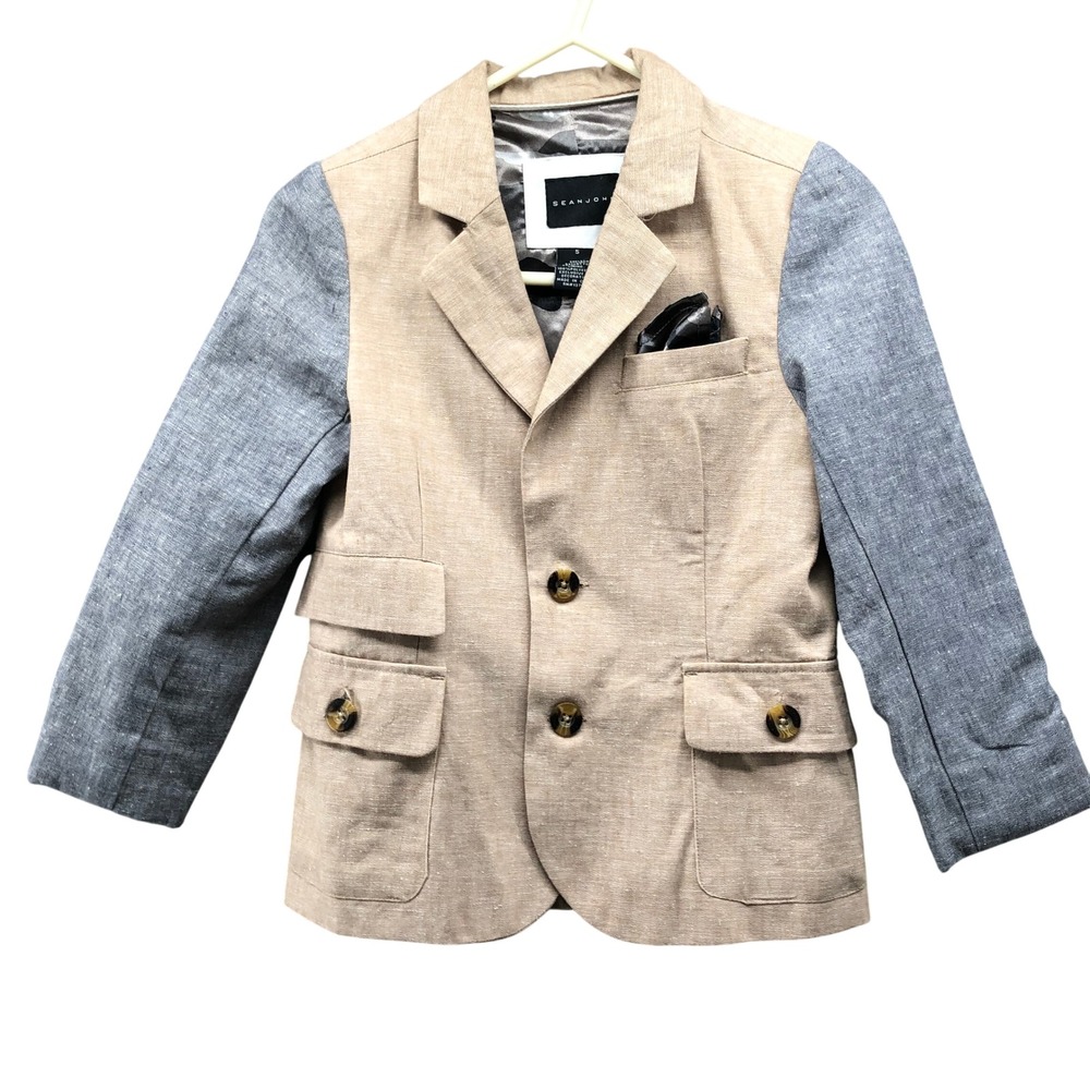 Sean John Boys 5T Cotton Linen Blazer Sport Coat Tan Gray Flap Pocket Colorblock